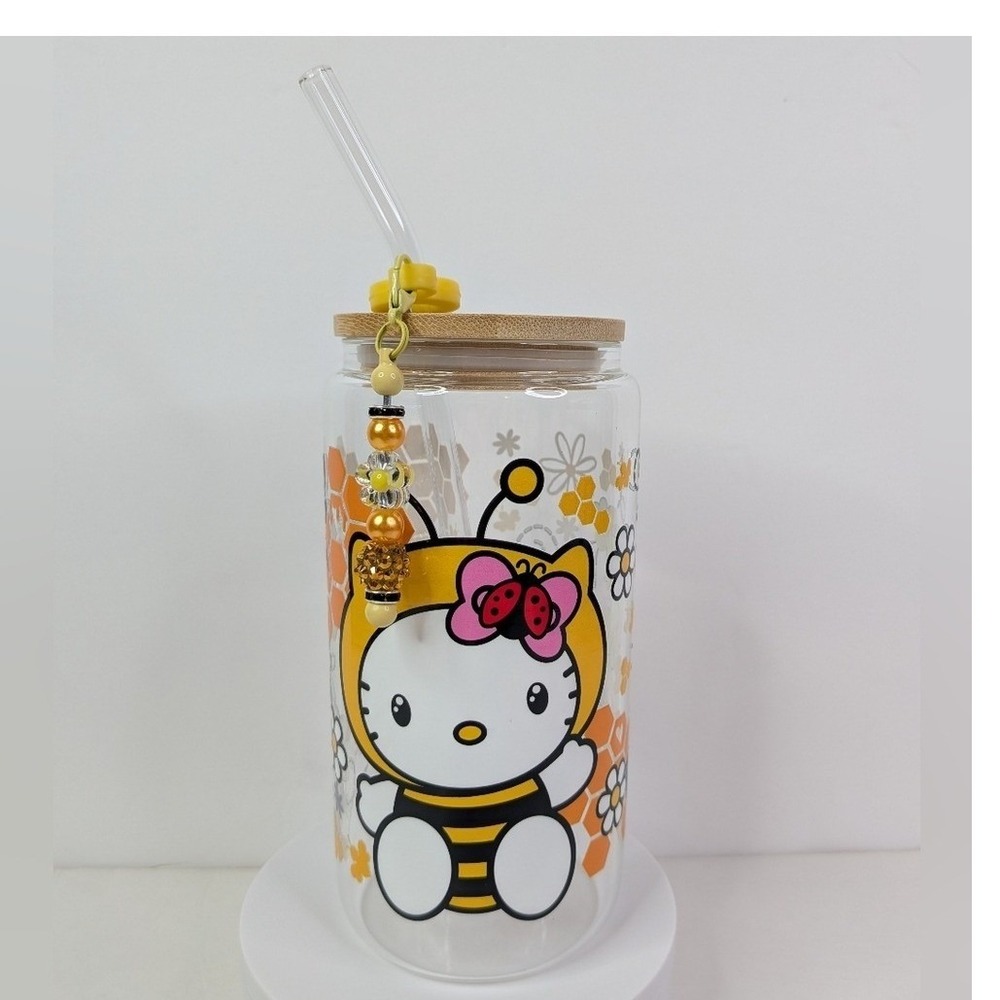 Hello Kitty Glass Tumbler Cup with Bamboo Lid, Glass Straw & Charm Straw Topper